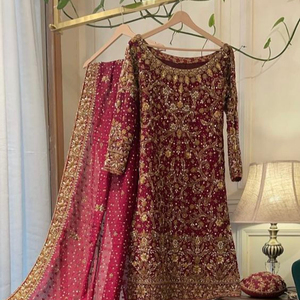 2022 Stunning Beautiful Indian/Pakistani Flared <b>Top</b> Lehenga Dress Embellished Dabka Zari Work Silk Cotton Material for Weddings - Product Image 1