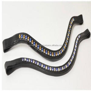 Bande de front de cheval en cuir de grain supérieur en forme de vague en cuir de qualité supérieure de finition noire avec des pierres décoratives bleues et dorées - Product Image 1
