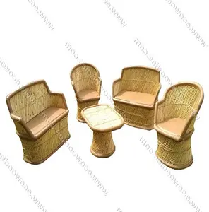 Popular Patio Leather Bamboo Rattan Chair Set of 2+2+1 Comfortable <b>Padded</b> Seating for Living Room Dining Outdoor <b>Furniture</b> - Product Image 1