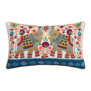 Classic Elephant Embroidered Cushion Case With Pom Pom Edge Fancy Mexican Style Colorful Folk Style Pillow Cover For Living Room