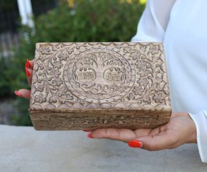 WOODEN Styles Hand Carved Tree Of Life Wooden Storage Box (Large, Tree Of Life), BROWN, Standard