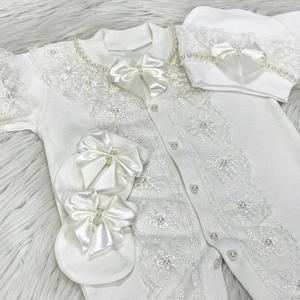 Conjunto de pelele personalizado de lujo para recién nacido, nuevo diseño, encaje blanco de alta calidad, primera clase, manga larga, bambú, Burbuja, venta al por mayor - Product Image 6