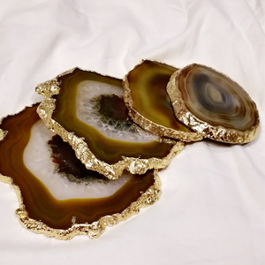 Collections en argent 925 Ensemble de 4 sous-verres à thé en agate brune avec bords dorés en or Fabriqué à partir de pierre naturelle 100% Ensemble de sous-verres bruns - Product Image 2