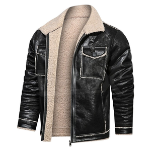 Fuax blouson en cuir véritable pour hommes, veste de moto avec col en fourrure - Product Image 2