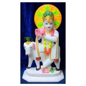 White Marble God Krishna With Cow Sculpture For Worship - Product Image 1