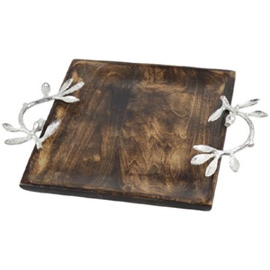 Elegant Uniquely Designed Wooden Serving <b>Tray</b> with Floral Pattern Featuring Stylish Metal Handles for <b>Food</b> Serving - Product Image 3