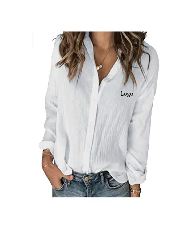 Hot Selling Button Down Shirts For Womens Long Sleeve Button Down Cotton Linen Shirt Blouse Loose Fit Casual V-Neck Tops