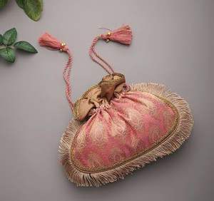 Stylish Silk Bucket <b>Bag</b> with Brocade Fabric & Zari Embroidery Work Bow Pattern <b>for</b> <b>Weddings</b> & Parties - Product Image 1