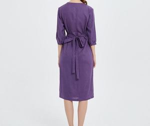 Robe en lin violette à col en V, longueur genou, avec ceinture, manches longues, style ample et habillé, couleur unie, pour l'été, les fêtes et les célébrations, pour femme - Product Image 3
