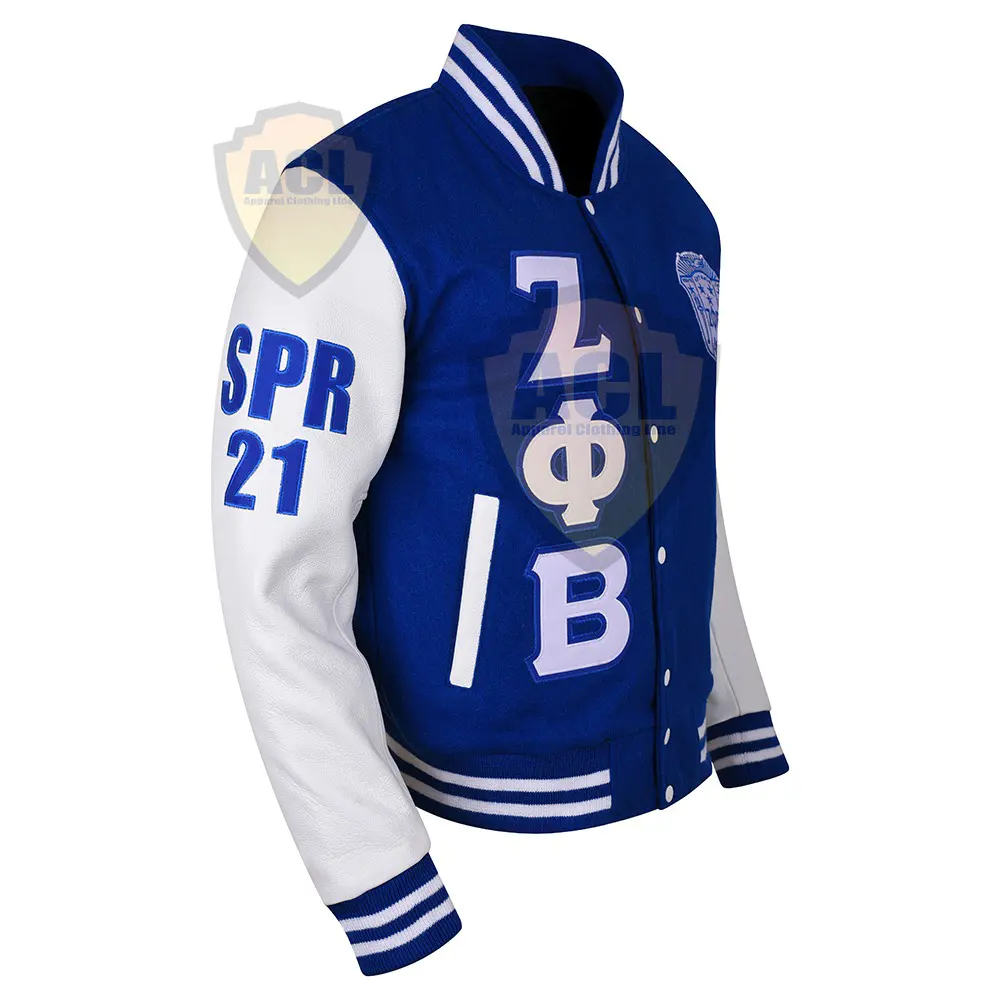 Zeta phi Beta varsity jacket blue wool & white leather sleeve varsity jacket wholesale price varsity jacket