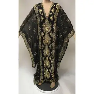 Ethnische neueste verkaufende Frauen tragen Zari-Arbeit mit Perlen arbeit Muslimisches Kleid Langarm Georgette Black Kaftan Abaya Fashion