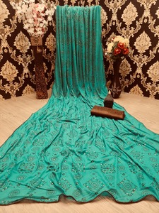 Sari pour femmes, dernière collection, design attrayant, coton et soie, imprimé floral, travail artisanal, blouse non cousue, couleur bleue, vêtements ethniques - Product Image 5