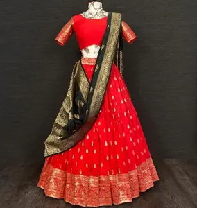 Lehenga-Banarasi de seda pesada para mujer, diseñador, trabajo pesado, para fiesta