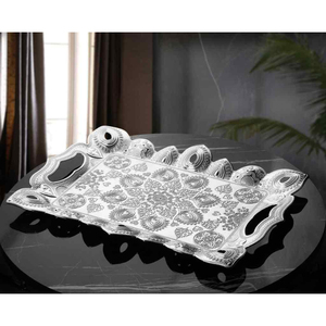 Plateau de service turc en argent et or avec poignées, décoration de table décorative, articles de cuisine, plateau de service en métal, décoration de la maison, cadeau fait à la main - Product Image 2