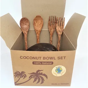 Best supplier Amazon competitive price Set 2 coconut Bowls 2 spoons 2 forks in craft box Coconut wooden eco coconut bowl Amazon sellers