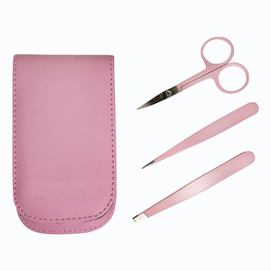 Lot de 3 pinces à sourcils en acier inoxydable rose avec ciseaux incurvés à pointe pointue et inclinée comprenant un étui de voyage - Product Image 1
