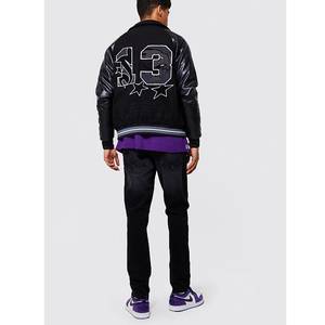 Veste en chenille brodée sur le devant avec boutons en laine et manches en cuir pour hommes Varsity Letterman Jacket at Wholesale 2024 - Product Image 2