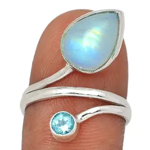 Tự Nhiên Cầu Vồng Moonstone Blue Topaz Đá Quý Sterling Silver Nhẫn Trang Sức Handmade Bán Quý Đá Quý Bạc Nhẫn