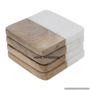 Wooden & Marble Mix Luxury Serving <b>Coaster</b> Pure <b>White</b> Marble & Half Wooden Mix <b>Coasters</b> Handmade Serving <b>Coaster</b> for Sale - Product Image 1