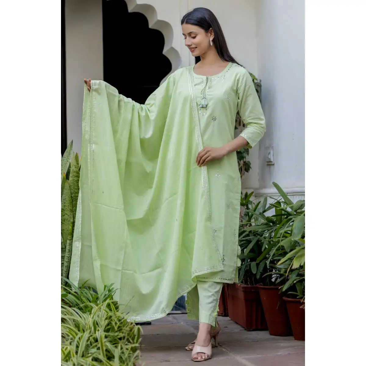 Stylish Green Mirror Embellished Cotton Suit Set for Indian wedding