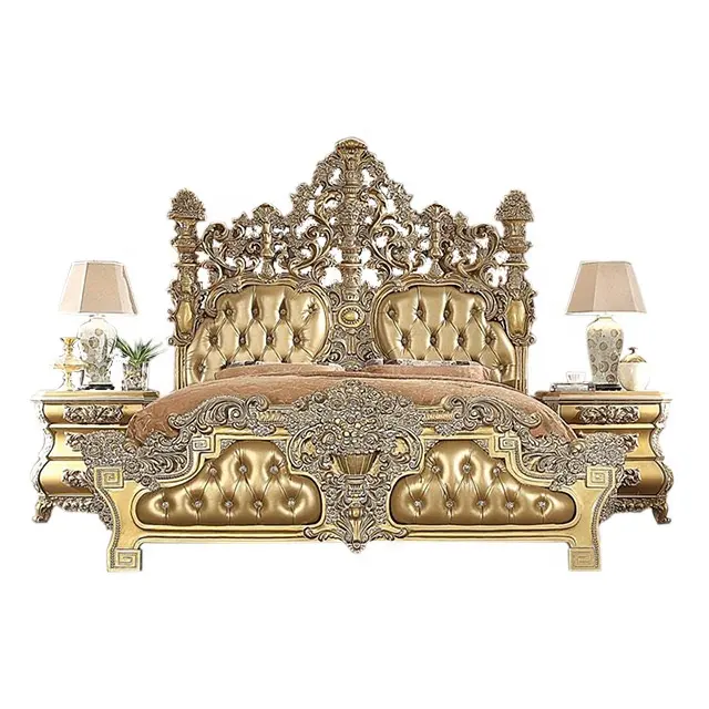 Juego de muebles con dosel para camas y Castillo, litera europea, francesa, clásica, italiana, antigua, real, de lujo, tallada de madera sólida dorada