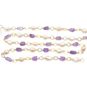 Élastique en laiton plaqué or, chaîne en perles d'améthyste, mobile, plaqué or, chapelet avec fil enveloppé, vente par pied - Product Image 4