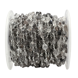 Chaîne de chapelet en quartz diamant Herkimer brut, 7x5–8x7mm, avec fil en laiton plaqué rhodium, chaîne de cristaux enroulée, vendue au mètre - Product Image 1