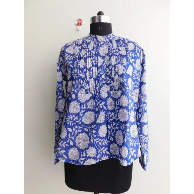 Handmade pure cotton Indian long sleeve women Top Blouse high quality fabric block printed summer casual wear Short Tops blouse