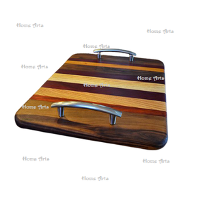 Plateau de service alimentaire de forme ronde au design unique Plateau de service en bois de taille personnalisée avec poignées en fer - Product Image 5