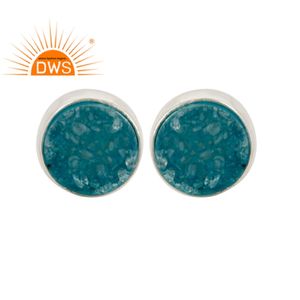 Blue Druzy Agate Gemstone Round Cut <b>Studs</b> <b>Earrings</b> 925 Sterling <b>Silver</b> Women's <b>Earring</b> Jewelry Wholesaler - Product Image 1