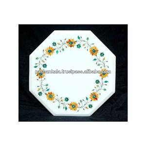 Octagonal Shape Pure White Marble Floral Pattern Design Inlay Dining <b>Table</b> <b>Top</b> For Home Decorations - Product Image 1