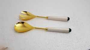 Juego de servidor de ensalada de acero inoxidable 18/8 estilo americano, herramienta decorativa chapada en oro para servir con mango de resina y madera, herramientas para ensalada - Product Image 4