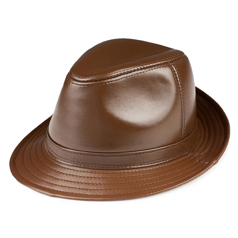 Genuine Leather Brown Fedora Hat Men Sheepskin Hat Autumn Winter British Casual High Quality Wide Brim Hat