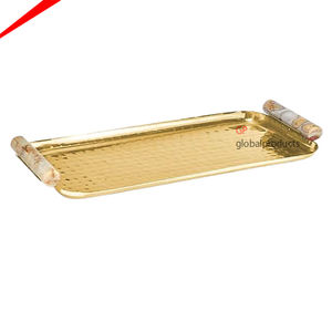 Plateau de service rectangulaire en métal doré, décorations, meilleure vente, 10 pièces, avec poignées rondes en marbre, plateau de service, décoration d'hôtel - Product Image 1