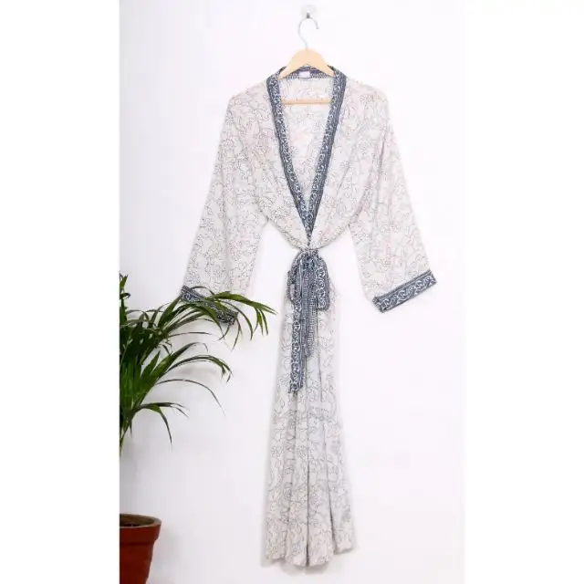 Flower Printed Woman kimono Silk Saree Kimono Robe Dressing Maxi Gown Sleepwear Bathrobe Swimwear Sexy Night Wear Gift For Women