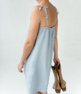 Robe Courte en Lin Bleu Clair à Bretelles Fines, Sans Manches, Col Carré, Formelle, d'Été, pour Célébrations et Vacances, Respirante, Tissée, Unie - Product Image 4