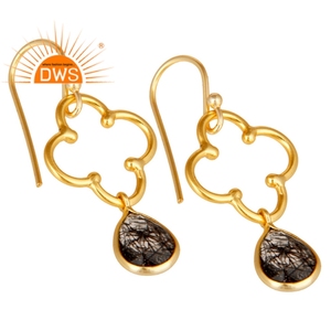 Pendientes de piedras preciosas de color negro, joyería con diseño de flores al por mayor, chapado en oro de 18k, aretes colgantes de plata india, proveedor - Product Image 2