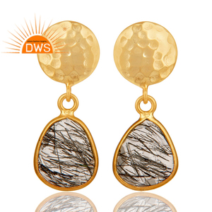 Hammered 925 Sterling Silver Earrings Black Rutile Gemstone Bezel Set Drop Earrings Wholesale Gold Plated Jewelry - Product Image 2