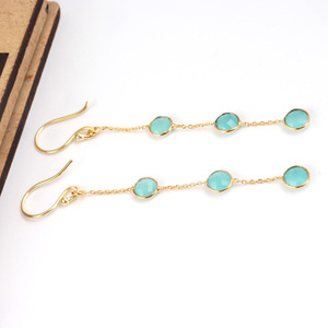 Boucles d'oreilles en pierre, 1 pièce, minimaliste, culotte soucoupe de calcédoine d'eau, or/argent, triple pierres suspendues, chaîne, goutte, vente en gros - Product Image 5