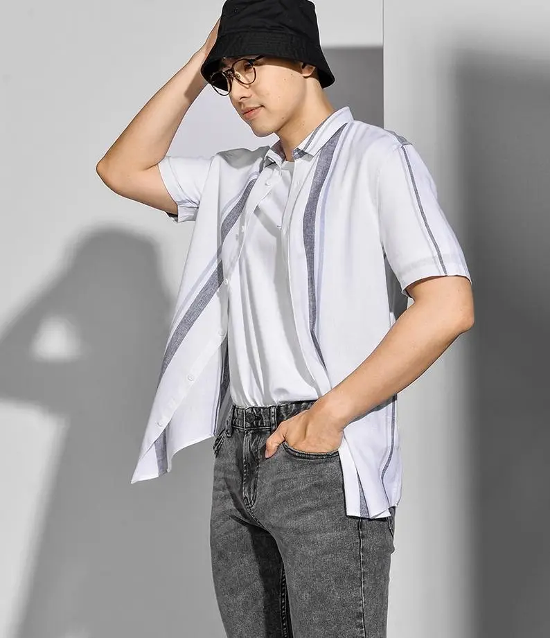 El mejor vendedor de OEM/ODM hombres a rayas de manga corta de lino equipado forma camisa rutina marca (modelo: 10S20SHL008)