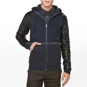 Custom Design HIFH08 OEM Logo Unisex Blank Full Face Zip Hoodies Wholesale with leather sleeves