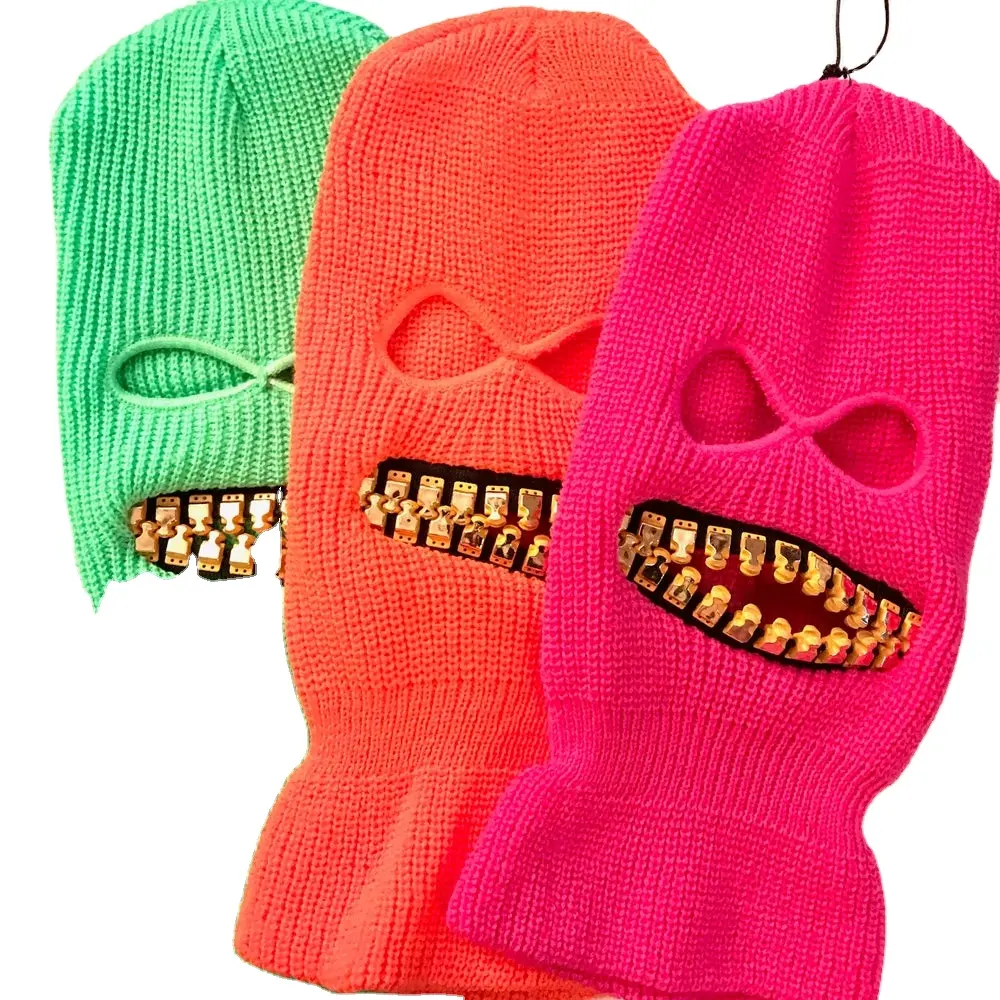 Máscara facial neon ski, máscara para dentes com boca e zíper de ouro, grelha estilo zefstyle