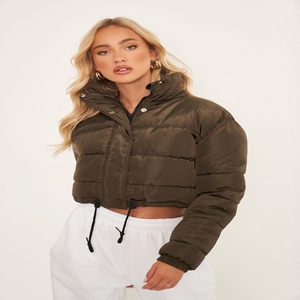 Cuerpo corto con cremallera mangas completas mujer burbuja Puffer chaqueta de satén 2025 Color sólido cuello alto relleno de plumas Micro bola fibra - Product Image 3