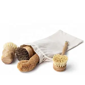 Custom Logo Schoonmaken Bamboe Afwasborstels Sets Keuken Schone Schotel Scrubber Voor Potten Pannen Flessen Met Natuurlijke Borstelharen