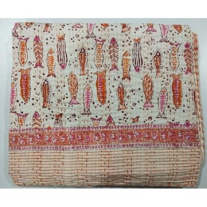 New Hand Block Fish Print Bedspread Handmade Kantha Quit <b>Blankets</b> & Throws Quilts Set for Living Room Bedroom Guest Room Decor - Product Image 5