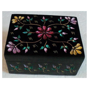 Boîte à bijoux rectangulaire en marbre noir poli, incrustation durable, décoration d'intérieur - Product Image 1