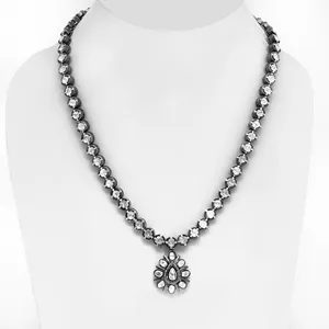 Rose Cut Polki Diamond Oxidized 925 Silver Victorian Style Pendant Chain Necklace Jewelry