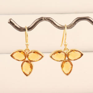 Pendientes de Mujer, Corte Pera, Citrino, Cuarzo, Hechos a Mano, al por Mayor, Latón, Chapado en Oro de 18k, Delicados, con Tres Piedras, Colgantes - Product Image 1