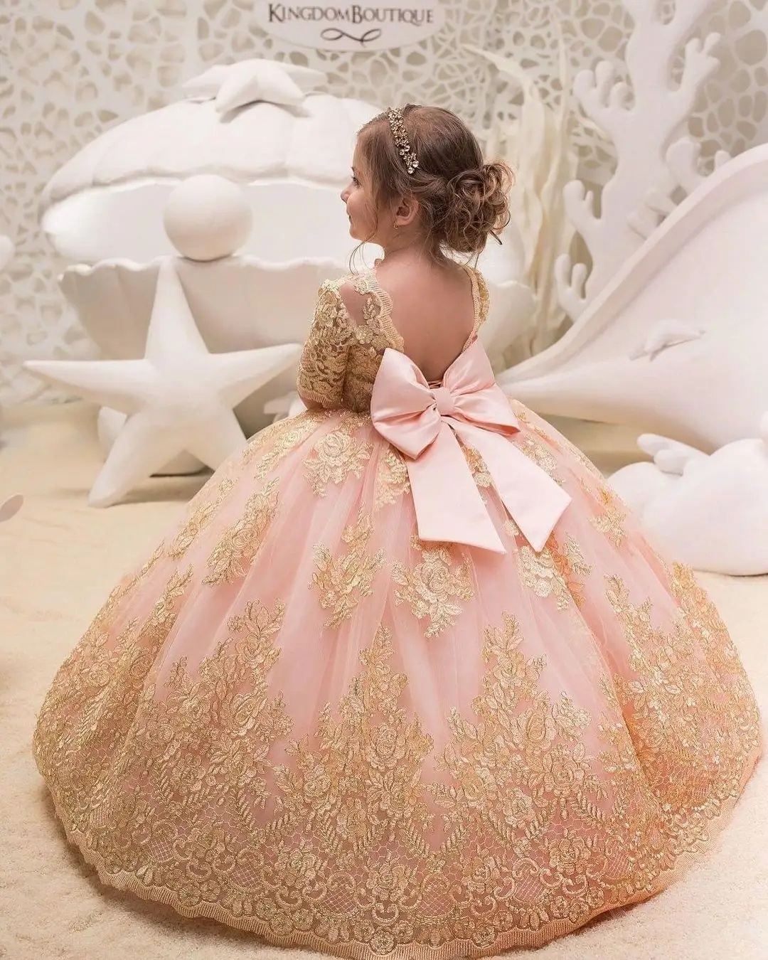 Elbow Sleeves Gold Lace Tulle Wedding Flower Girl Dress Kids Party Dress