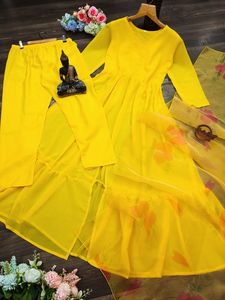 Women's sets — ensemble de vêtement noir et jaune en Organza Dupatta pour femmes, bandana peint à manches longues, bas prix - Product Image 4